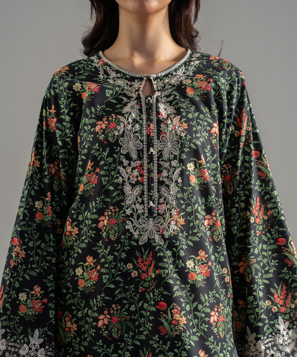 Women's RTW Cotton Viscose Printed Embroidered Black Straight Shirt
