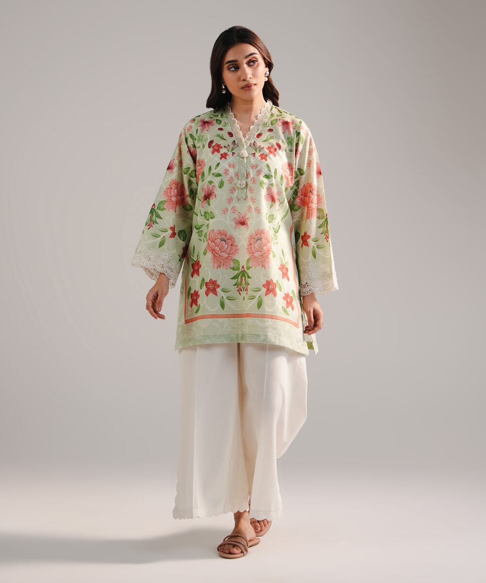 Women's RTW Lawn Embroidered Mint Green Straight Shirt