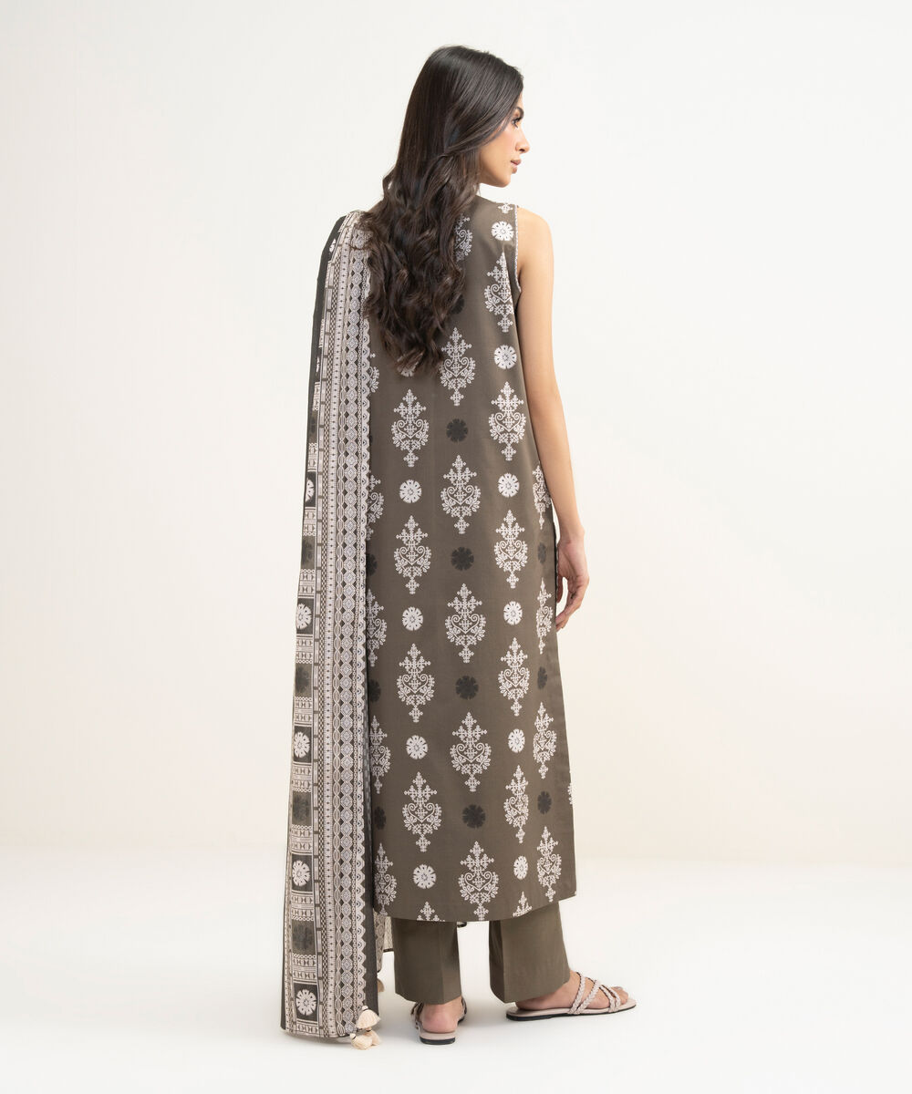 Women's Unstitched Lawn Printed Brown 3 Piece Suit