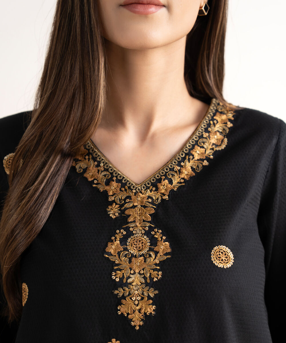Women's RTW Textured Cotton Black Embroidered A-Line Shirt