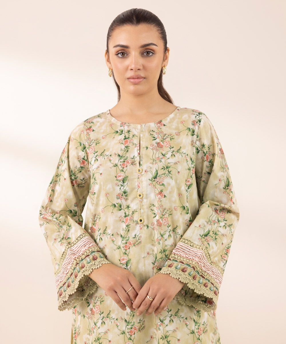 Women's RTW Lawn Beige Printed A-Line Shirt