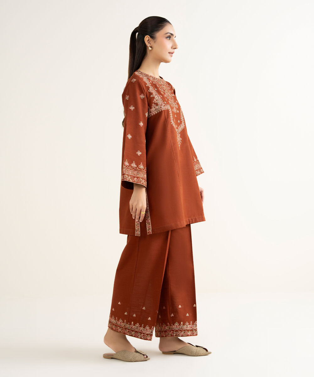 Women's RTW Khaddar Embroidered Dark Brown A-Line Shirt