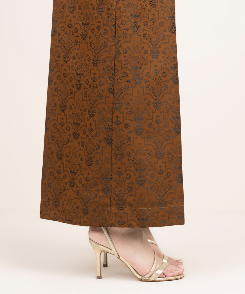 Women's RTW Extra Weft Jacquard Solid Brown Flared Pants