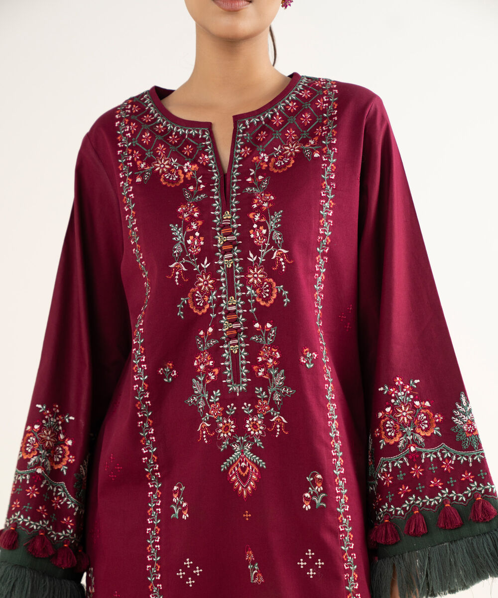 Women's Unstitched Twill Embroidered Red 3 Piece Suit