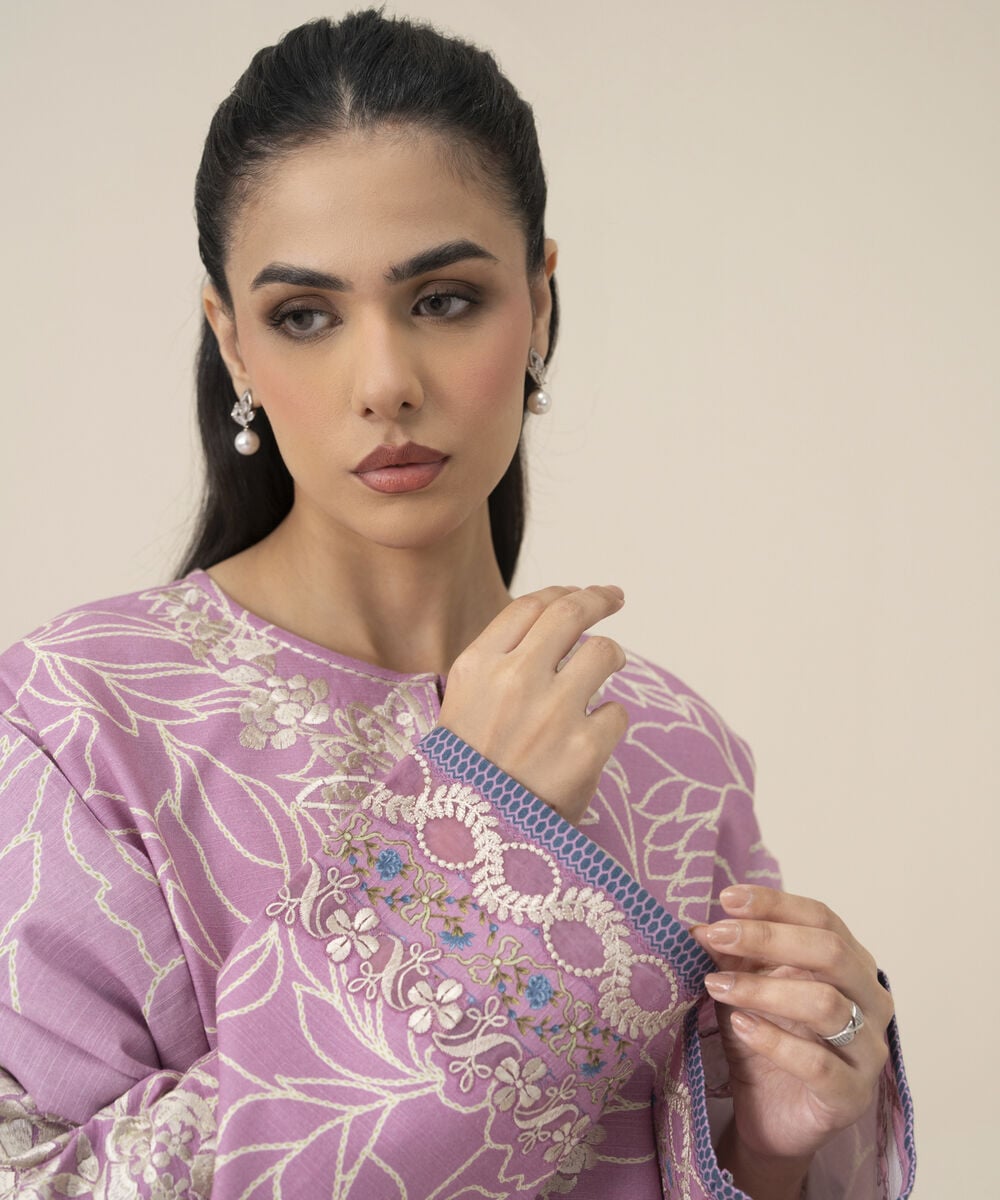 Women's Unstitched Lawn Embroidered Pink 3 Piece Suit