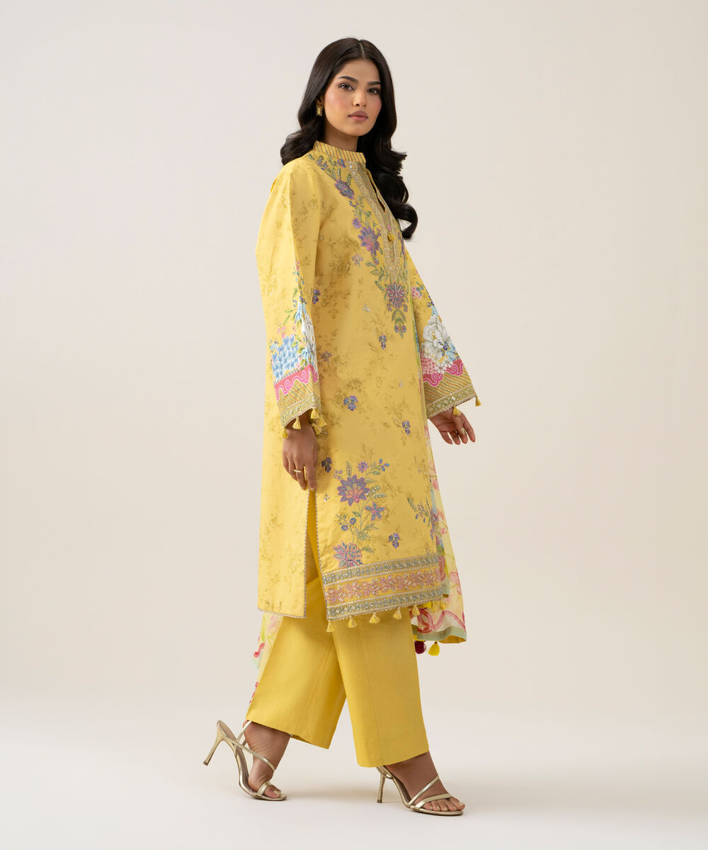 Women's Unstitched Blended Chiffon Embroidered Yellow 3 Piece Suit