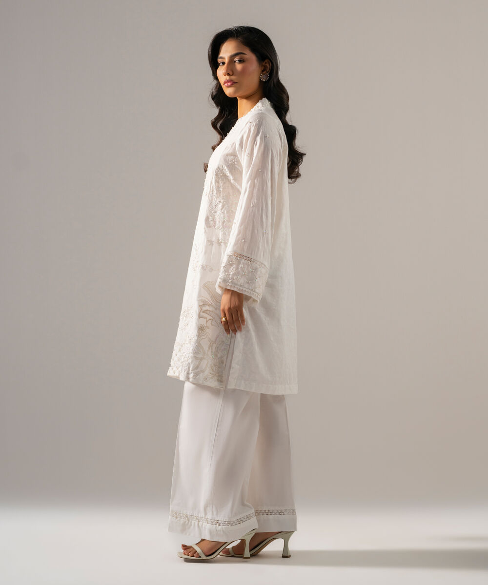 Women's RTW Self Jacquard Solid Embroidered Off White 2 Piece Suit