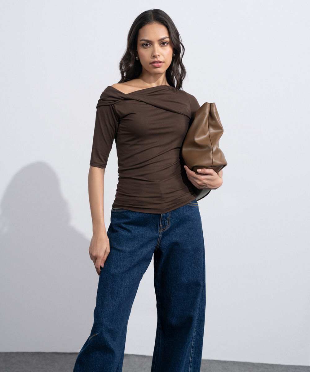Women's Brown Soft Asymmetrical Top