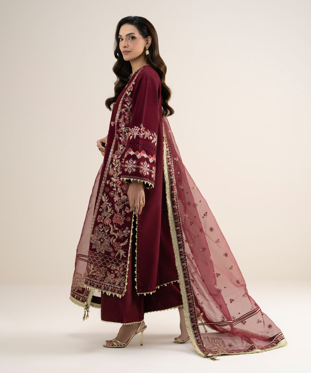 Women's Unstitched Embroidered Viscose Raw Silk Maroon 3 Piece Suit