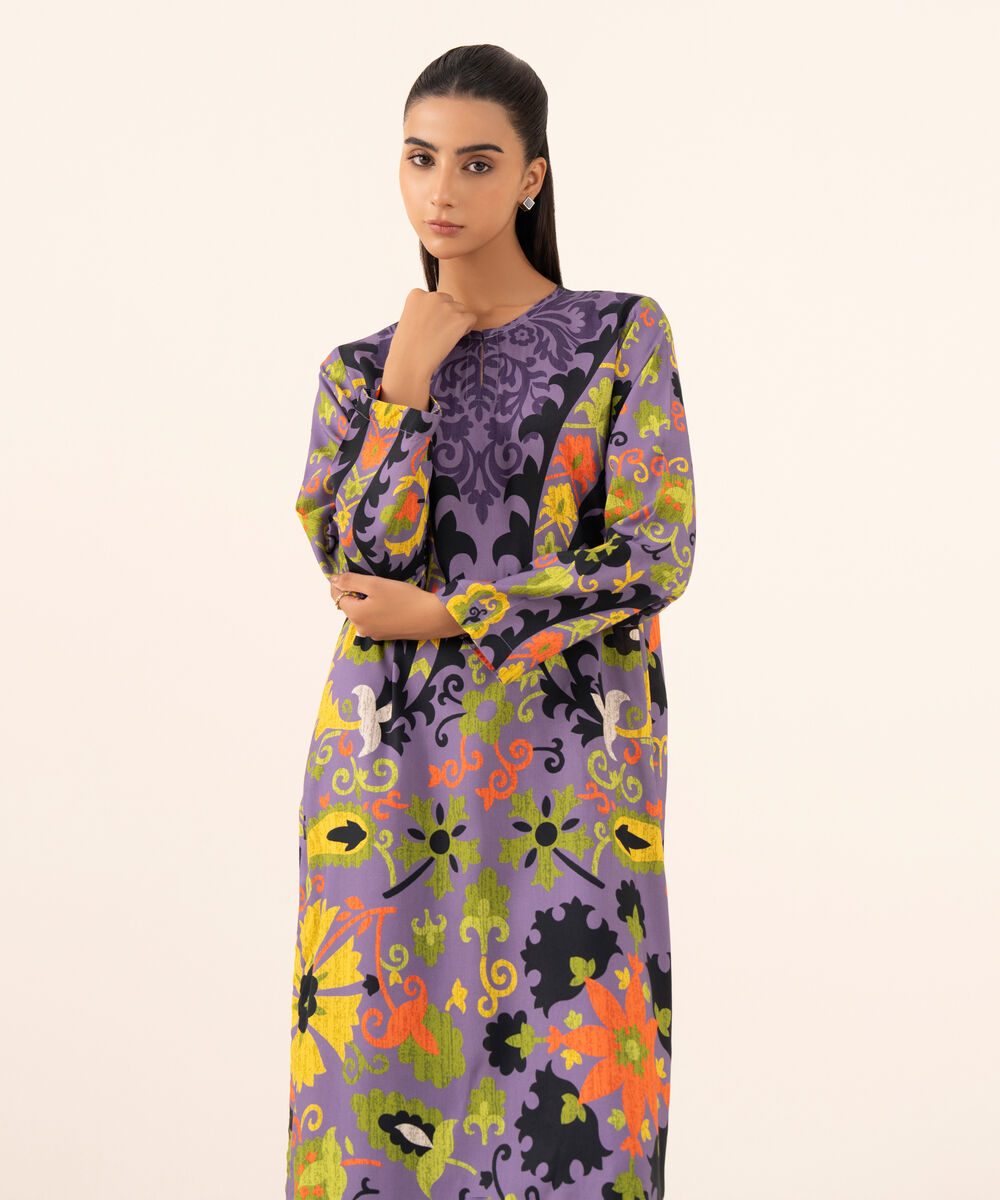 Women's RTW Arabic Lawn Lilac Printed Drop Shoulder Shirt