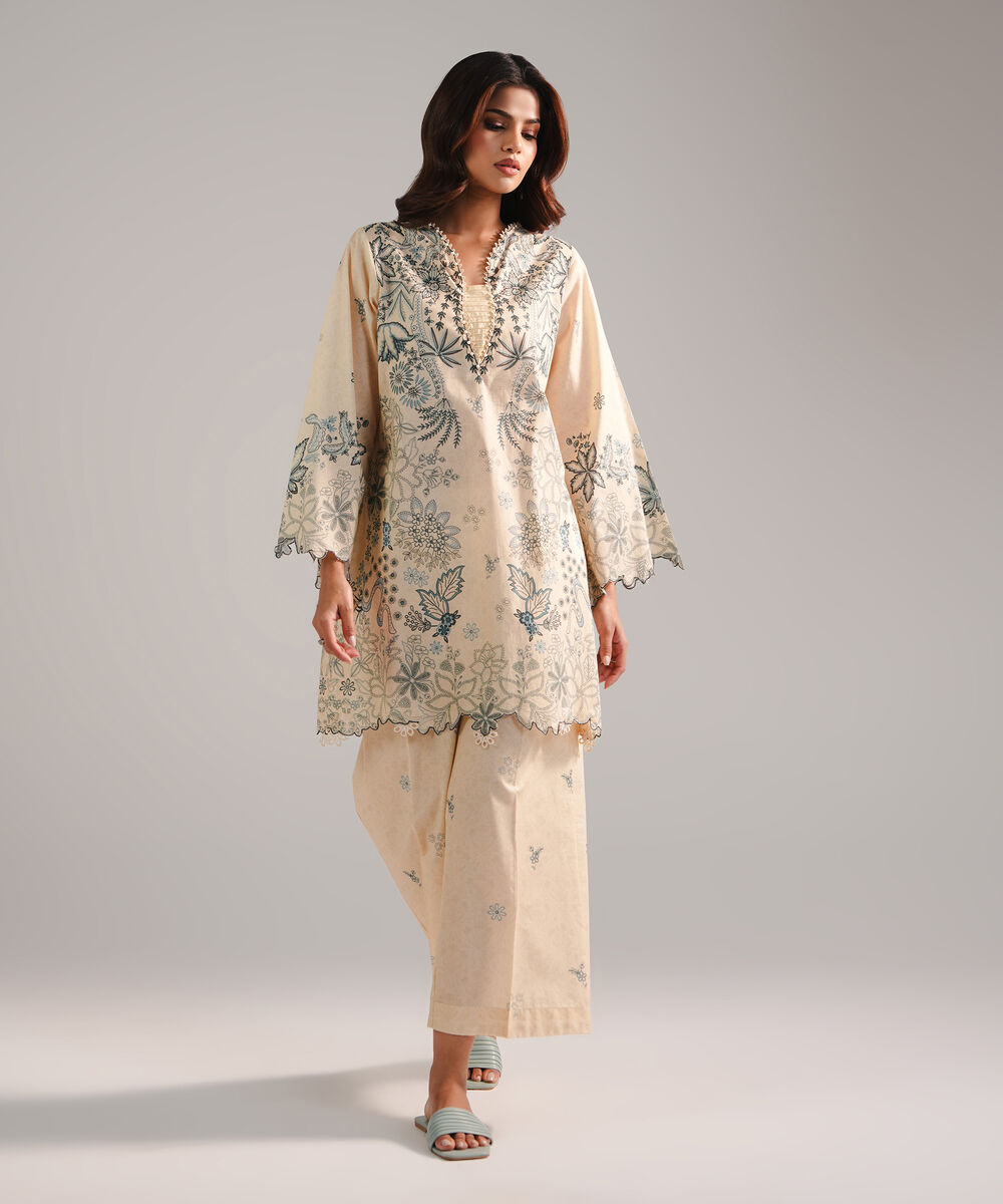 Women's RTW Lawn Embroidered Off White 2 Piece Suit