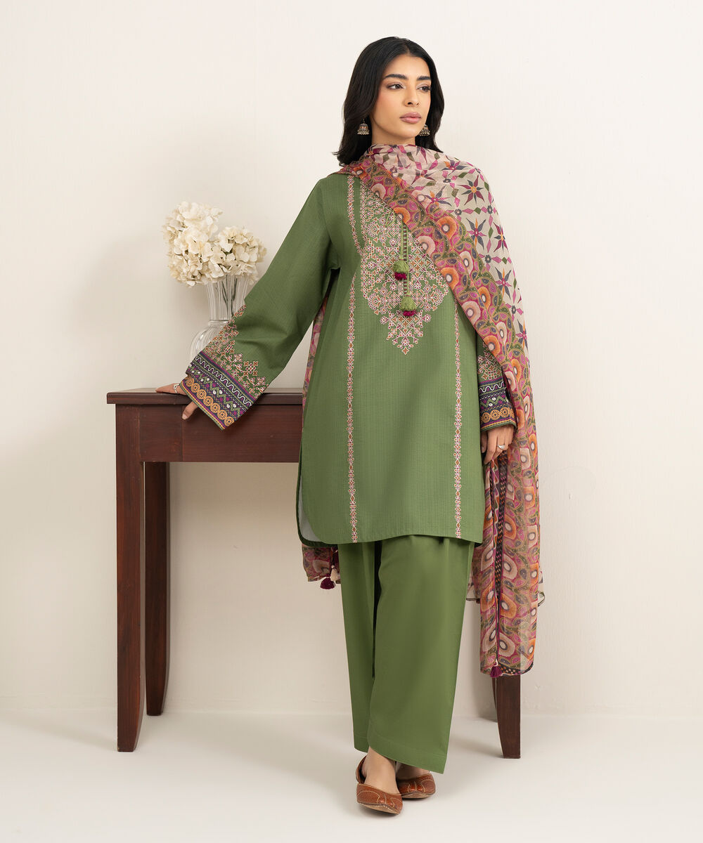 Women's Unstitched Lawn Embroidered Green 3 Piece Suit
