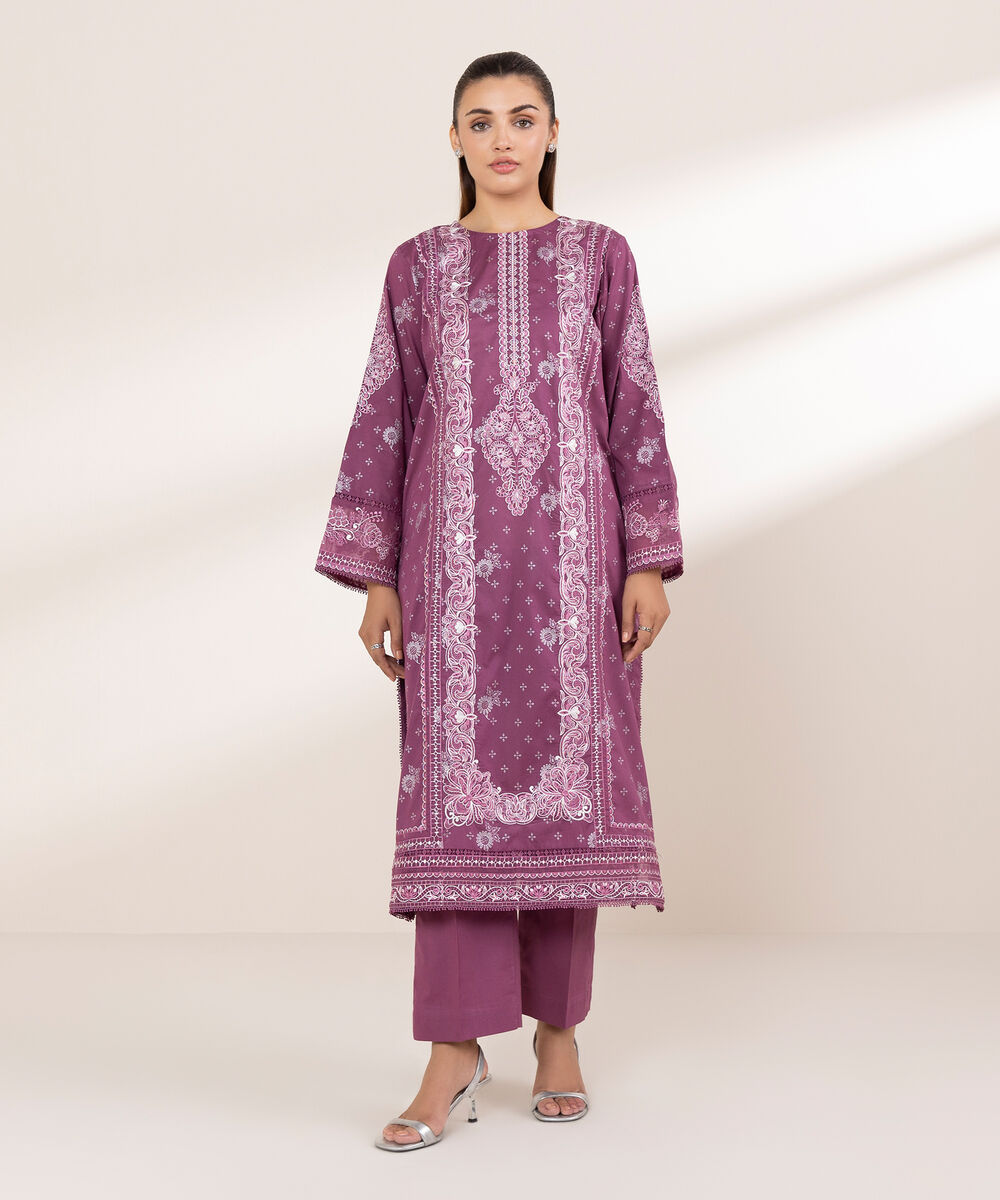 Women's RTW Lawn Purple Embroidered A-Line Shirt