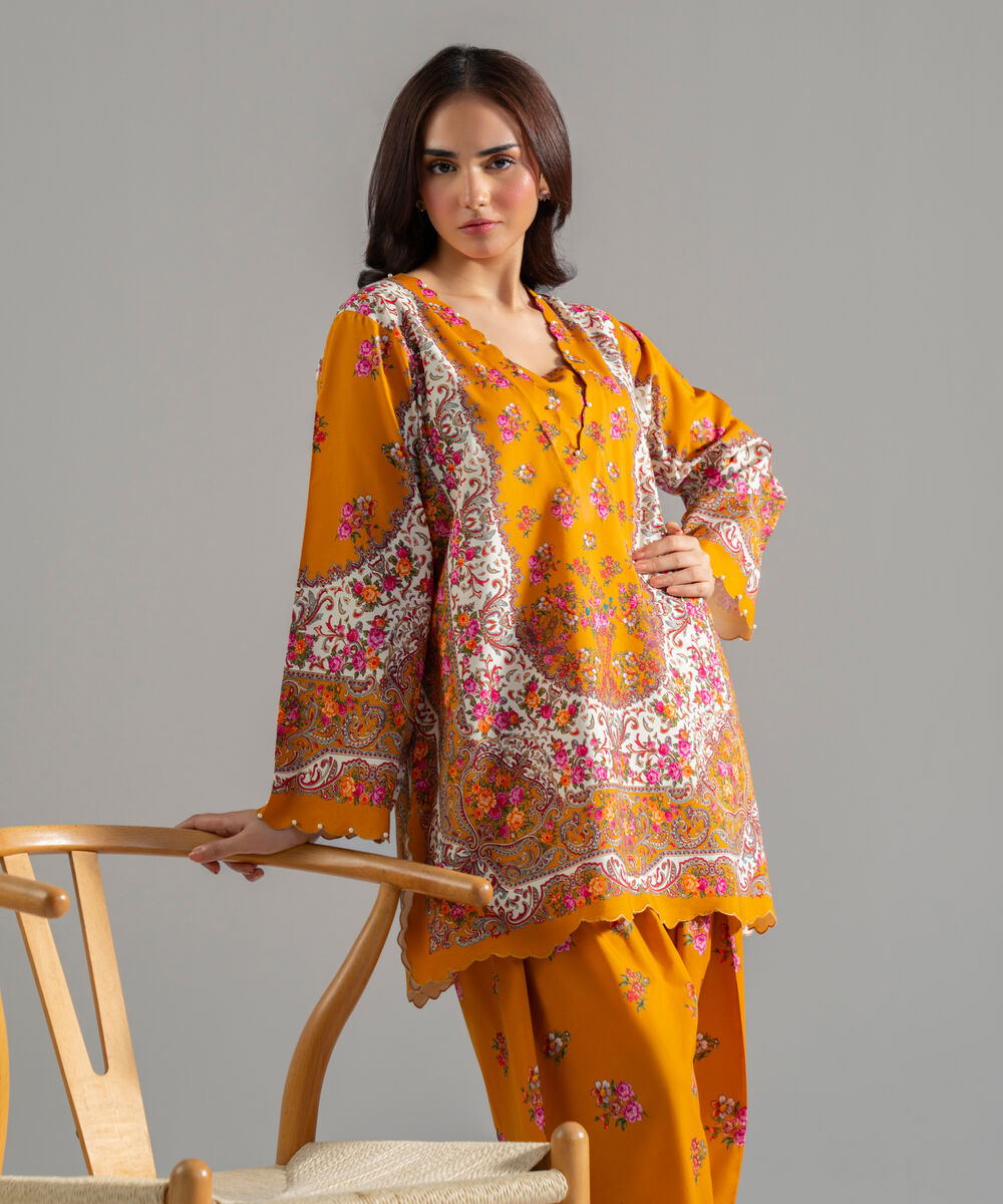Women's RTW Cotton Viscose Printed Musard Brown Straight Shirt