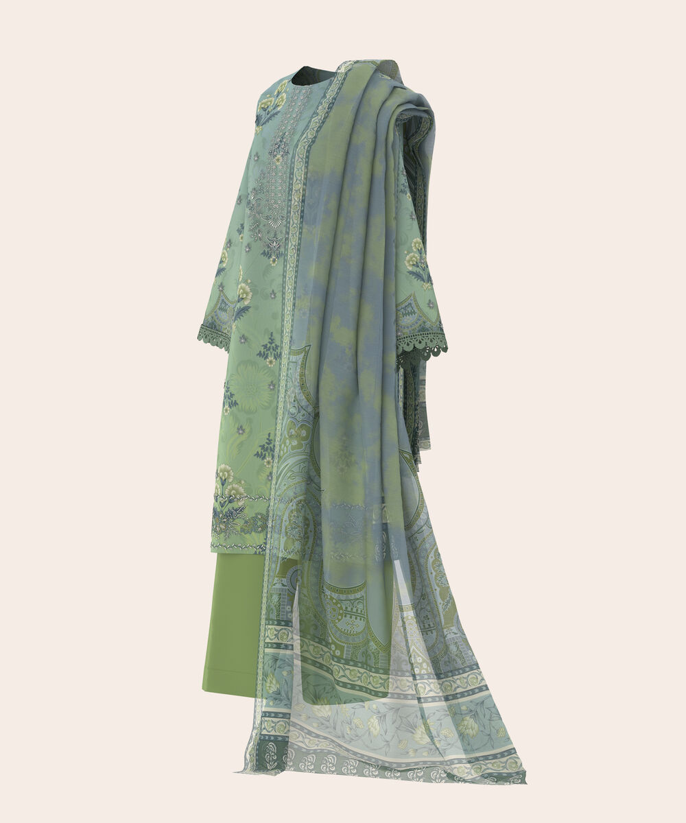 Women's Unstitched Lawn Green and Blue  Embroidered 3 Piece Suit