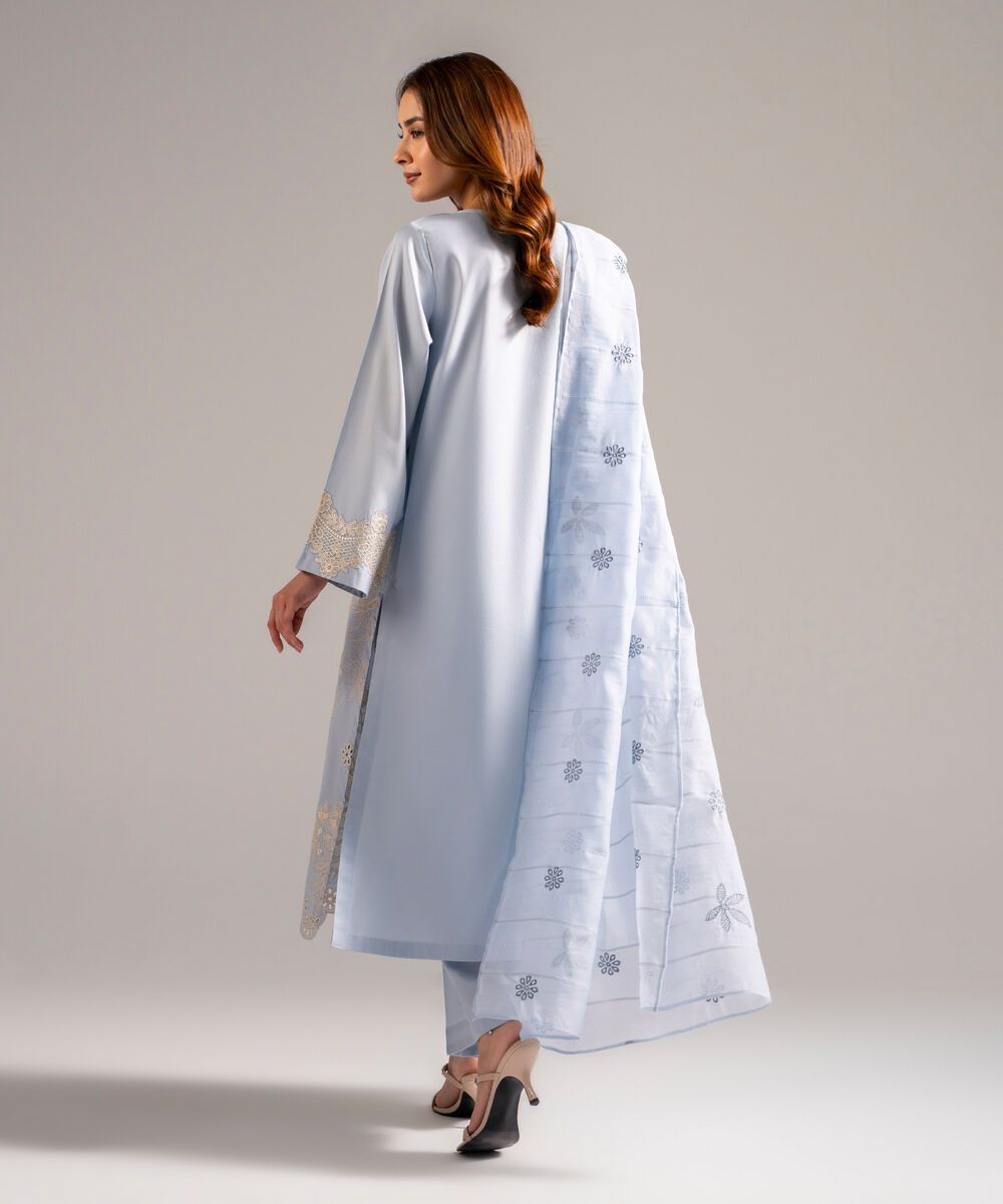 Women's RTW Cotton Satin Embroidered Light Blue 3 Piece Suit