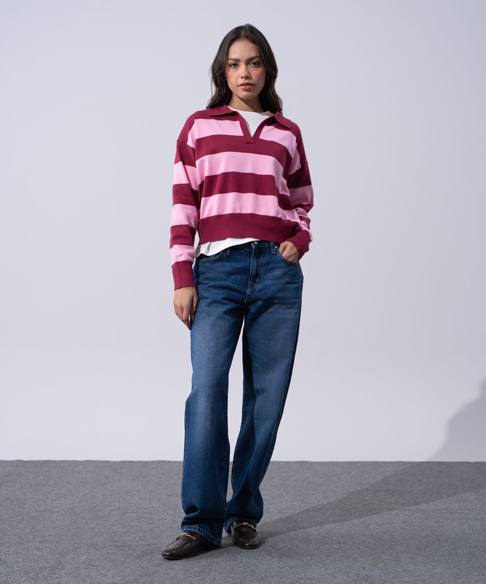 Women's Western Wear Merlot And Pink Striped Polo Neck Sweater