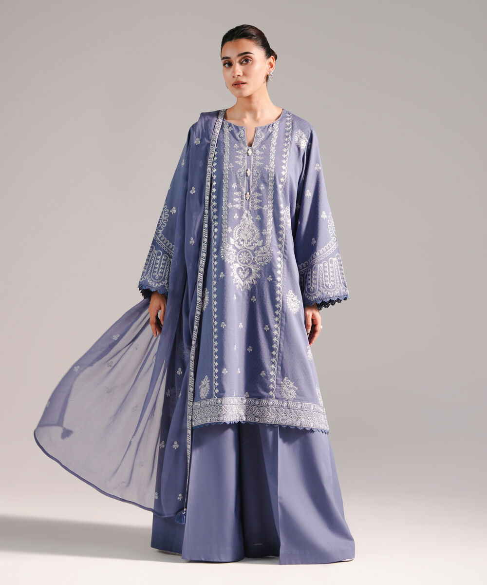 Women's RTW Dobby Embroidered Steel Blue 3 Piece Suit