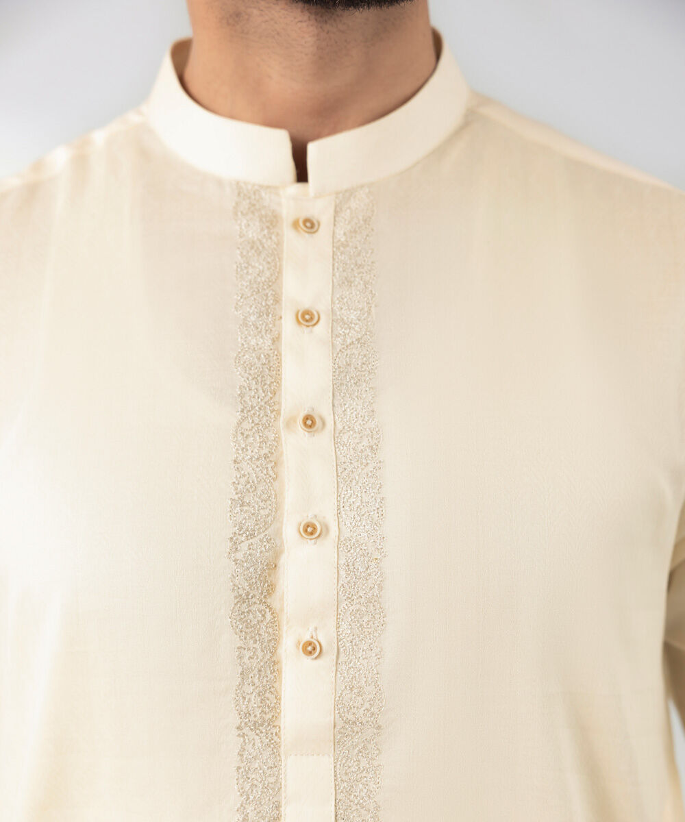 Men's Stitched Kurta Off White Embroidered Cotton Dobby Kurta