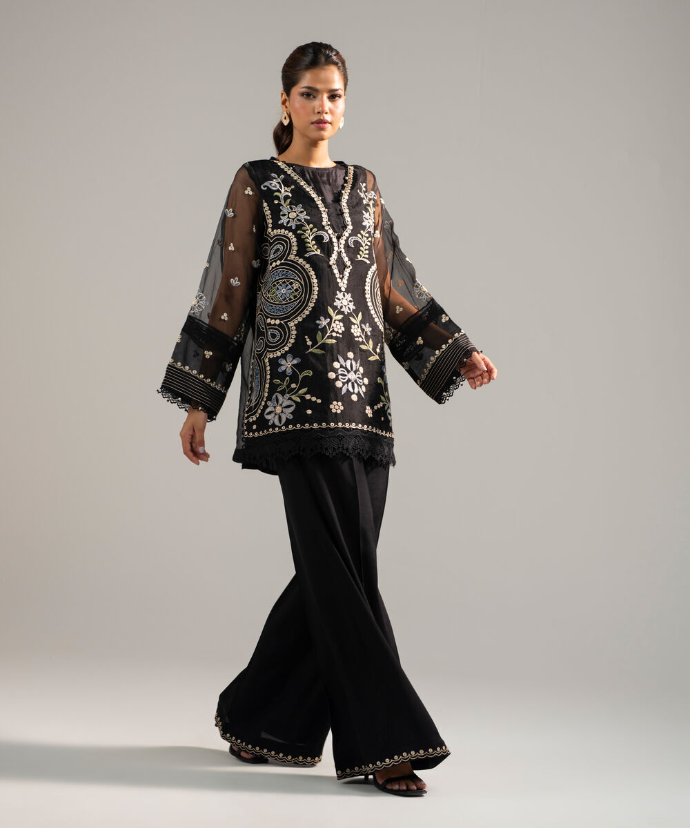 Women's RTW Organza Embroidered Black 2 Piece Suit