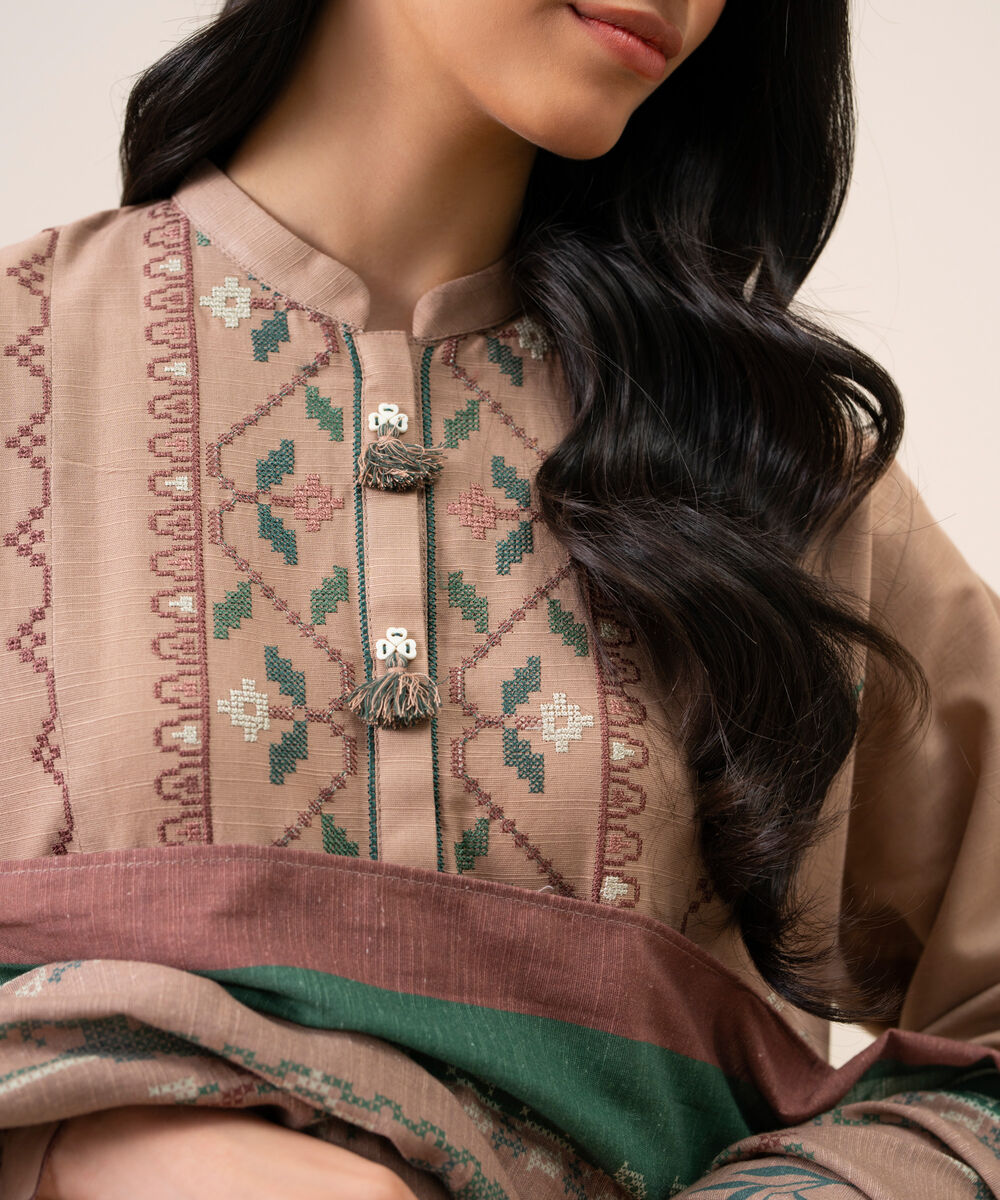 Women's Unstitched Light Khaddar Embroidered Beige 3 Piece Suit