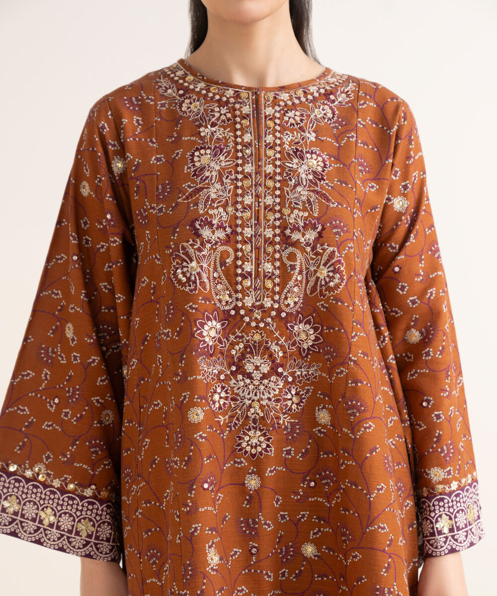 Women's Unstitched Embroidered Khaddar Orange 3 Piece Suit
