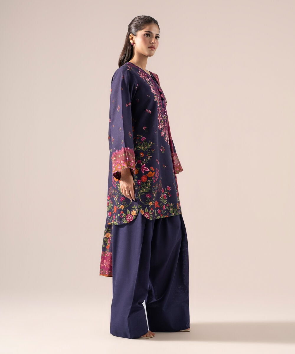 Women's Unstitched Premium Khaddar Embroidered Plum 3 Piece Suit