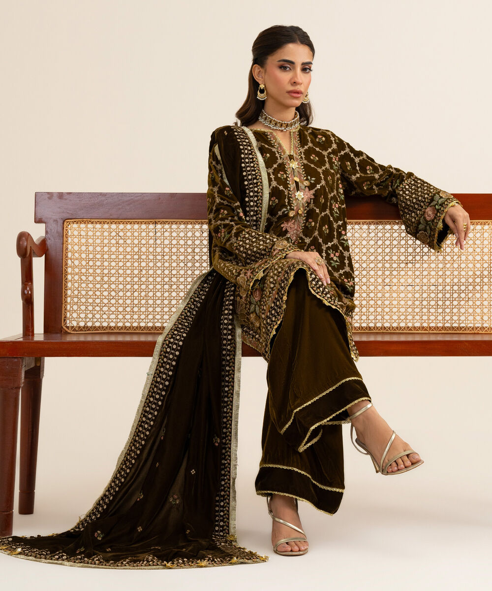 Women's Unstitched Velvet Embroidered Dark Brown 3 Piece Suit