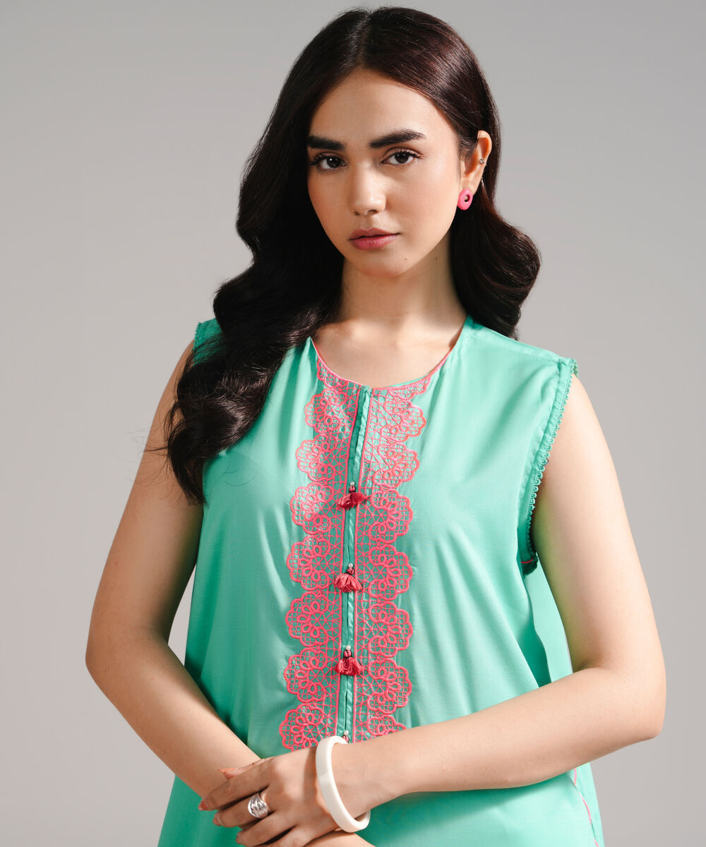 Women's RTW Slub Lawn Embroidered Green Straight Shirt