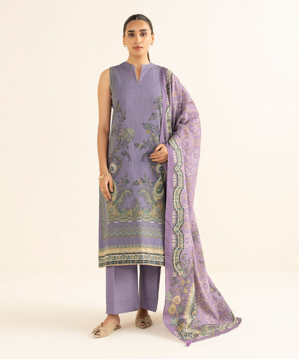 Women's Unstitched Light Khaddar Printed Purple 3 Piece Suit