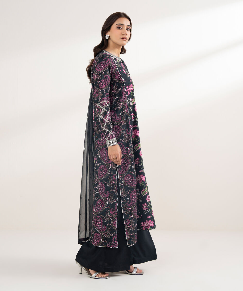 Women's RTW Viscose Linen Embroidered Black 3 Piece Suit