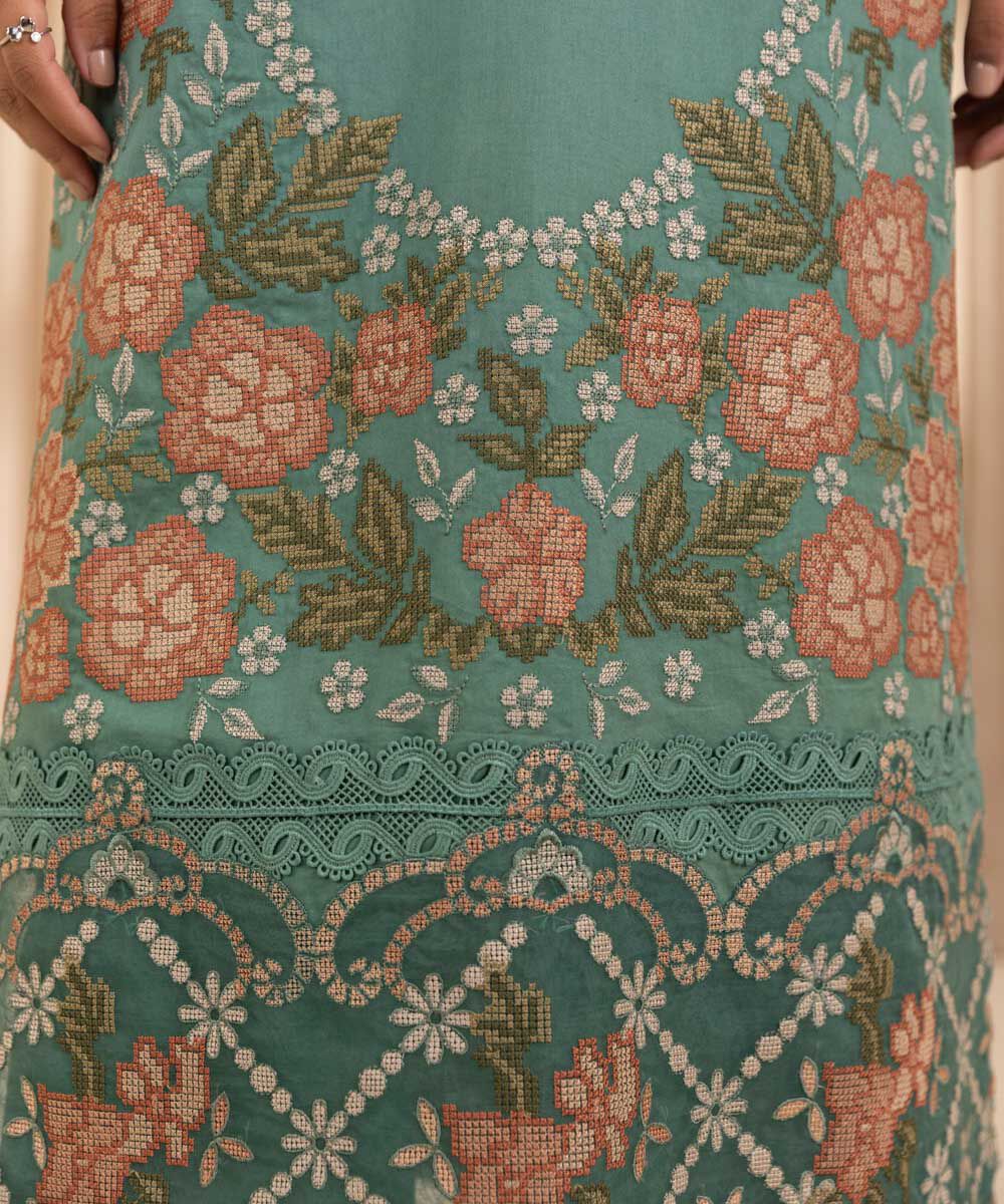 Unstitched Women's Embroidered Fine Cotton Satin Green Three Piece Suit