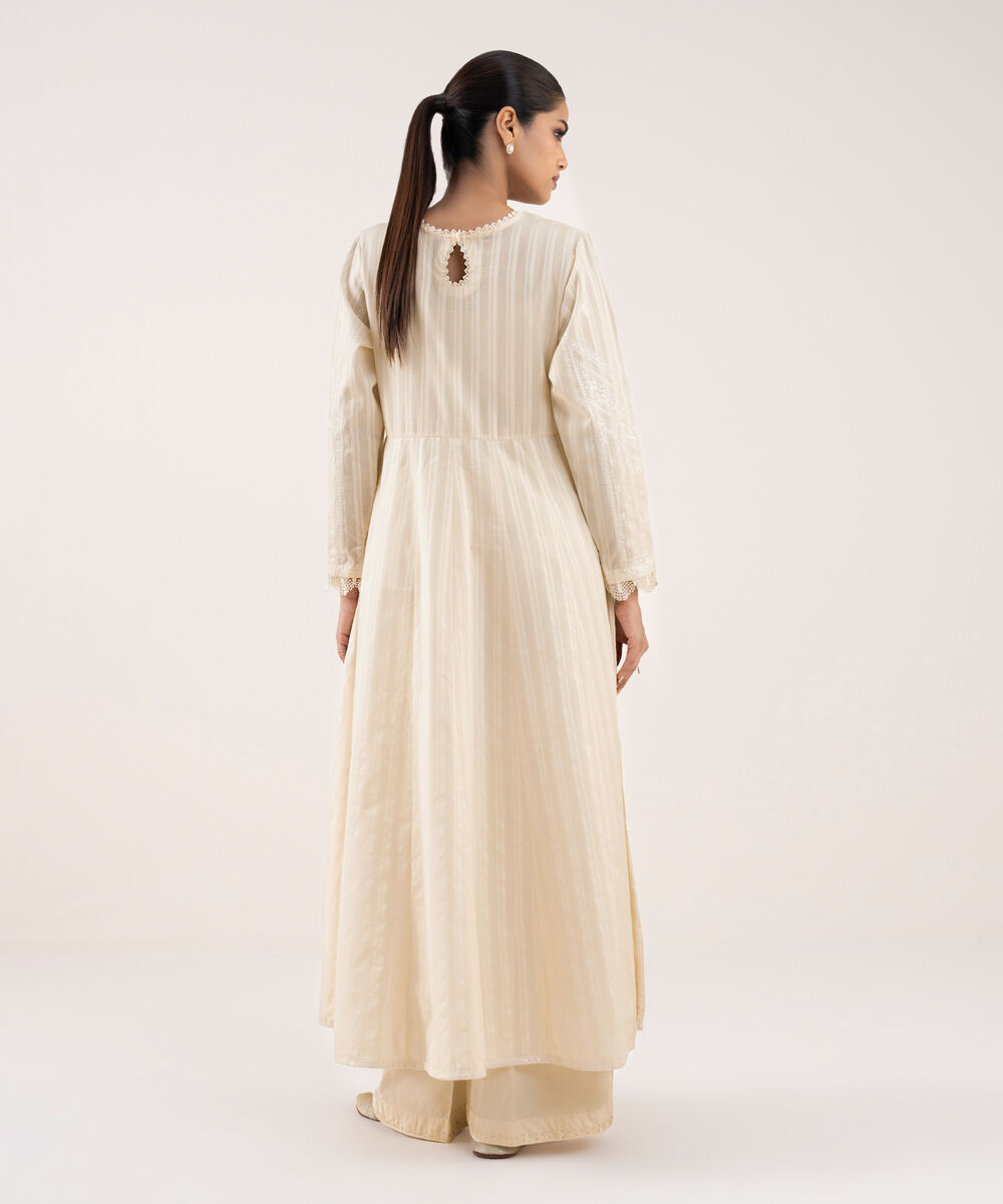Women's RTW Textured Lawn Off White Embroidered Pishwas