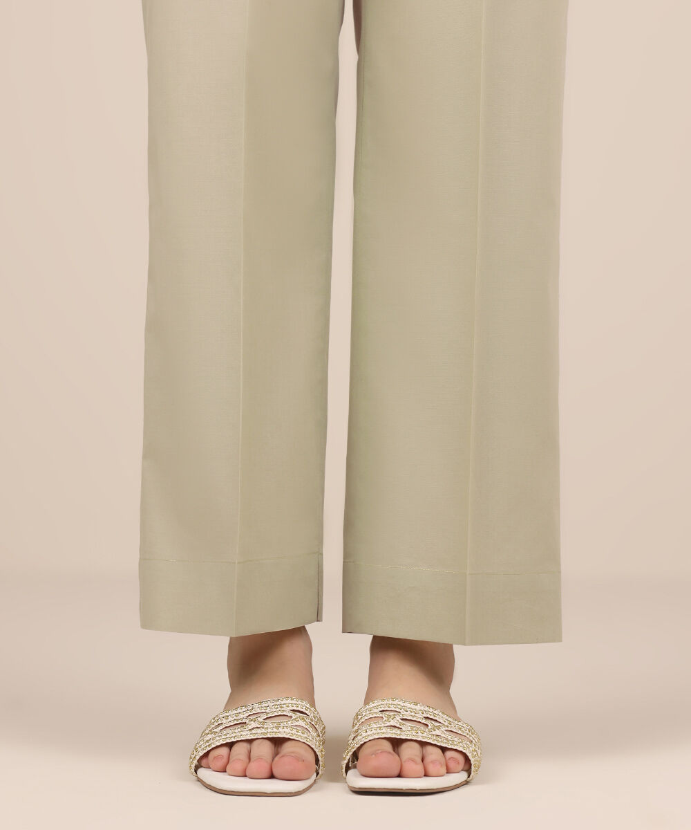 Women's RTW Cambric Green Solid Straight Pants