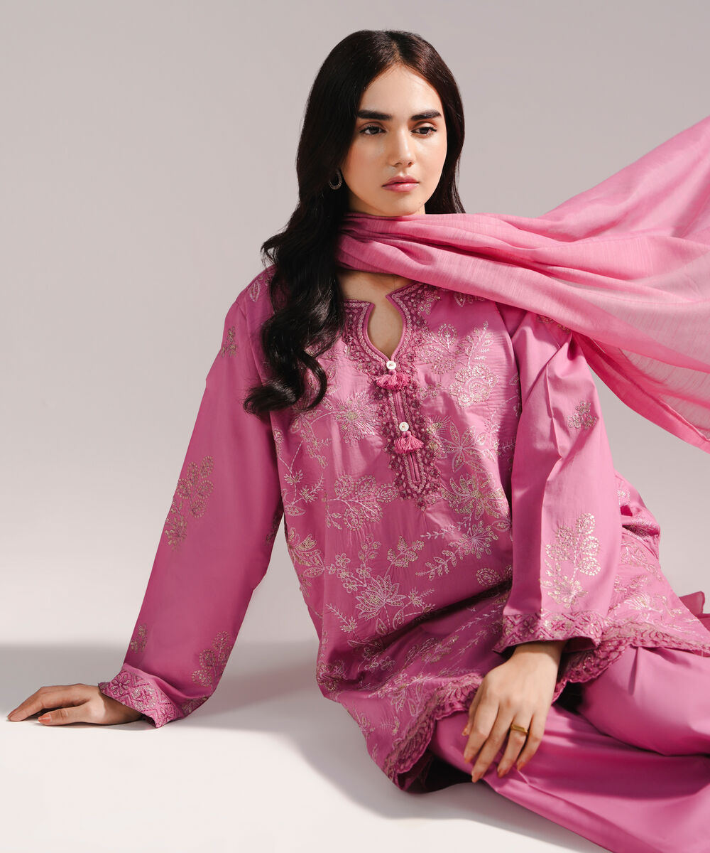 Women's RTW Lawn Embroidered Pink 3 Piece Suit