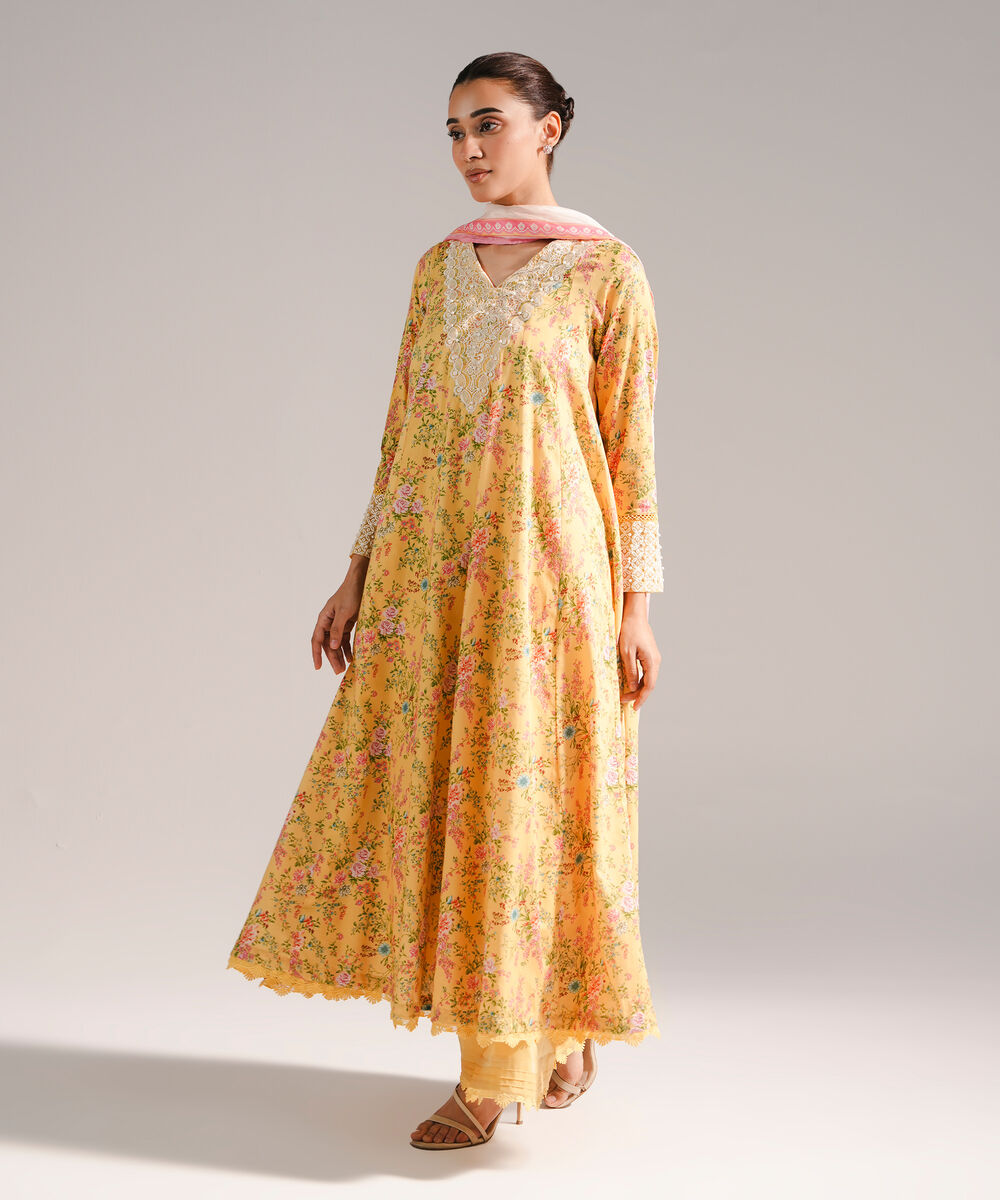 Women's RTW Cotton Satin Embroidered Yellow 3 Piece Suit