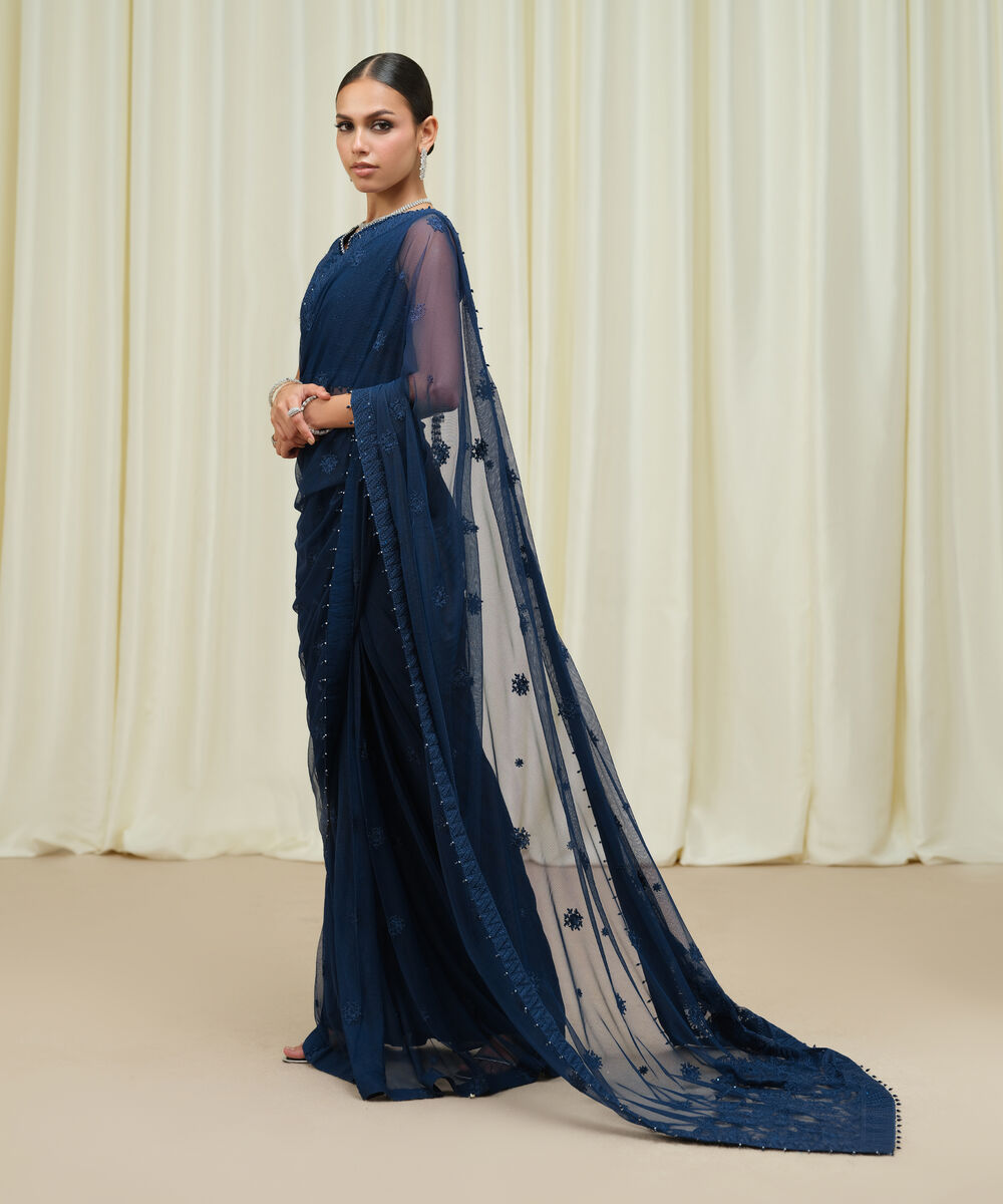 Women's Unstitched Embroidered Net Blue Saree
