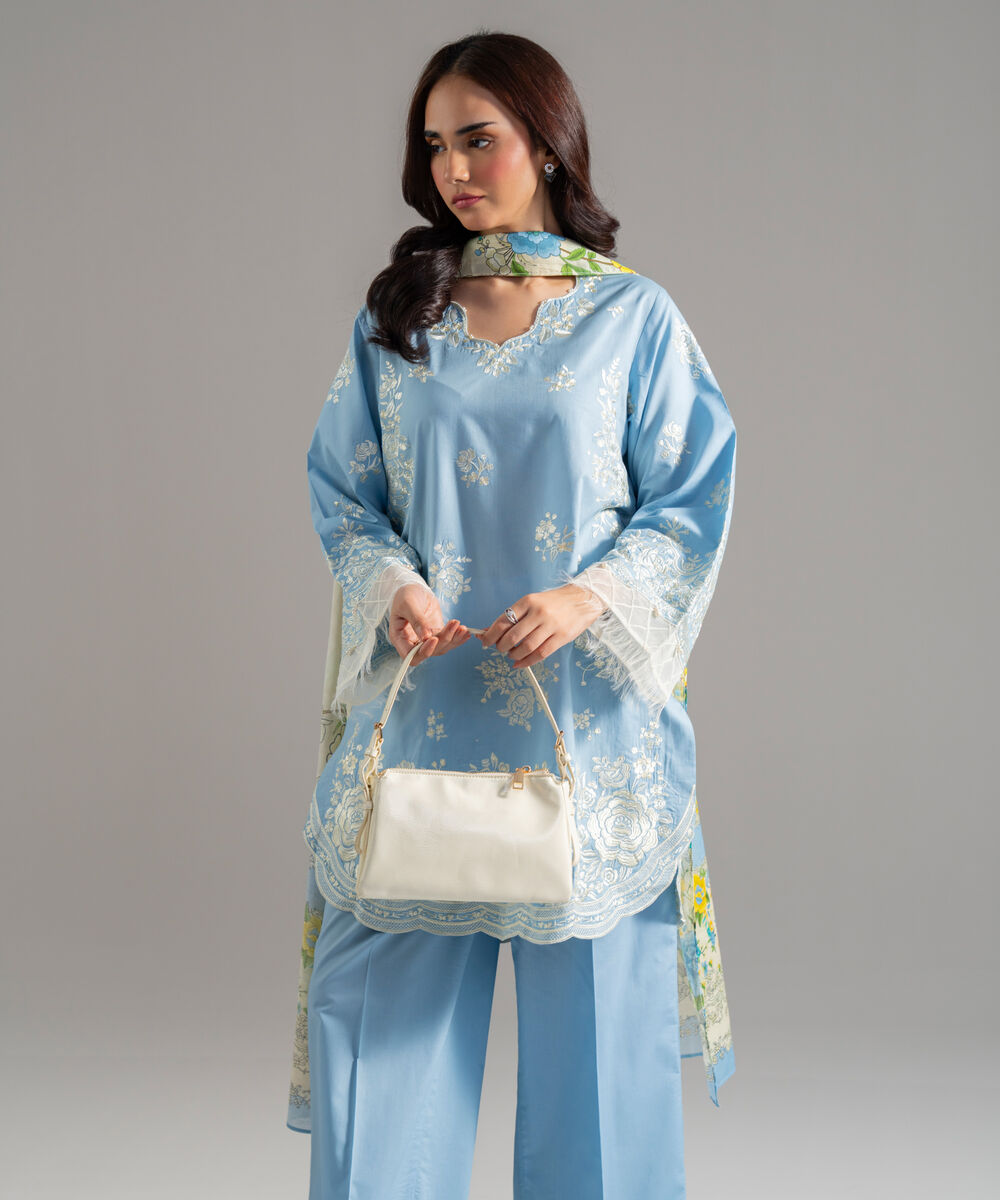 Women's RTW Cambric Solid Embroidered Blue 3 Piece Suit