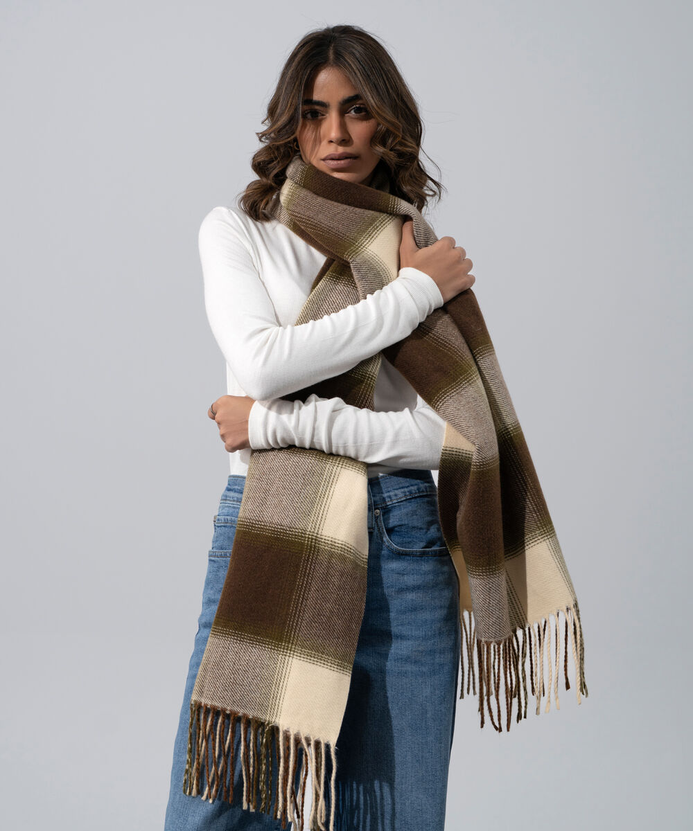 Women's Western Wear Brown And Off-White Polyester Striped Woolen Scarf