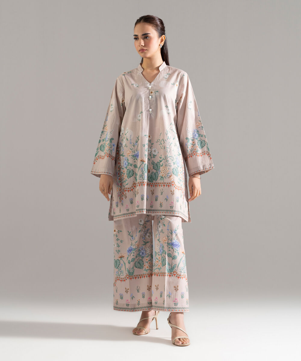 Women's RTW Seersucker Printed Beige 2 Piece Suit