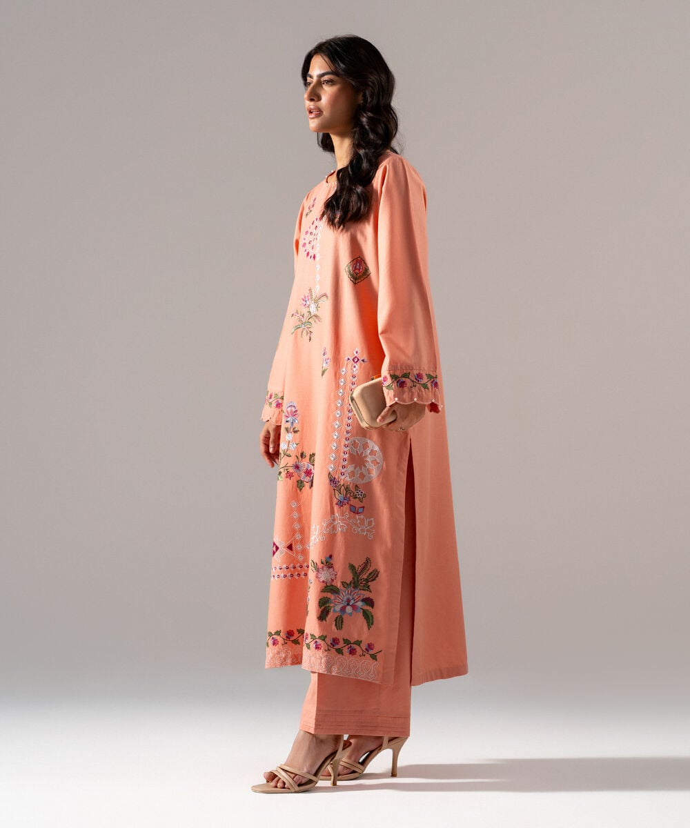 Women's RTW Solid Embroidered Peach Cotton Viscose Shirt