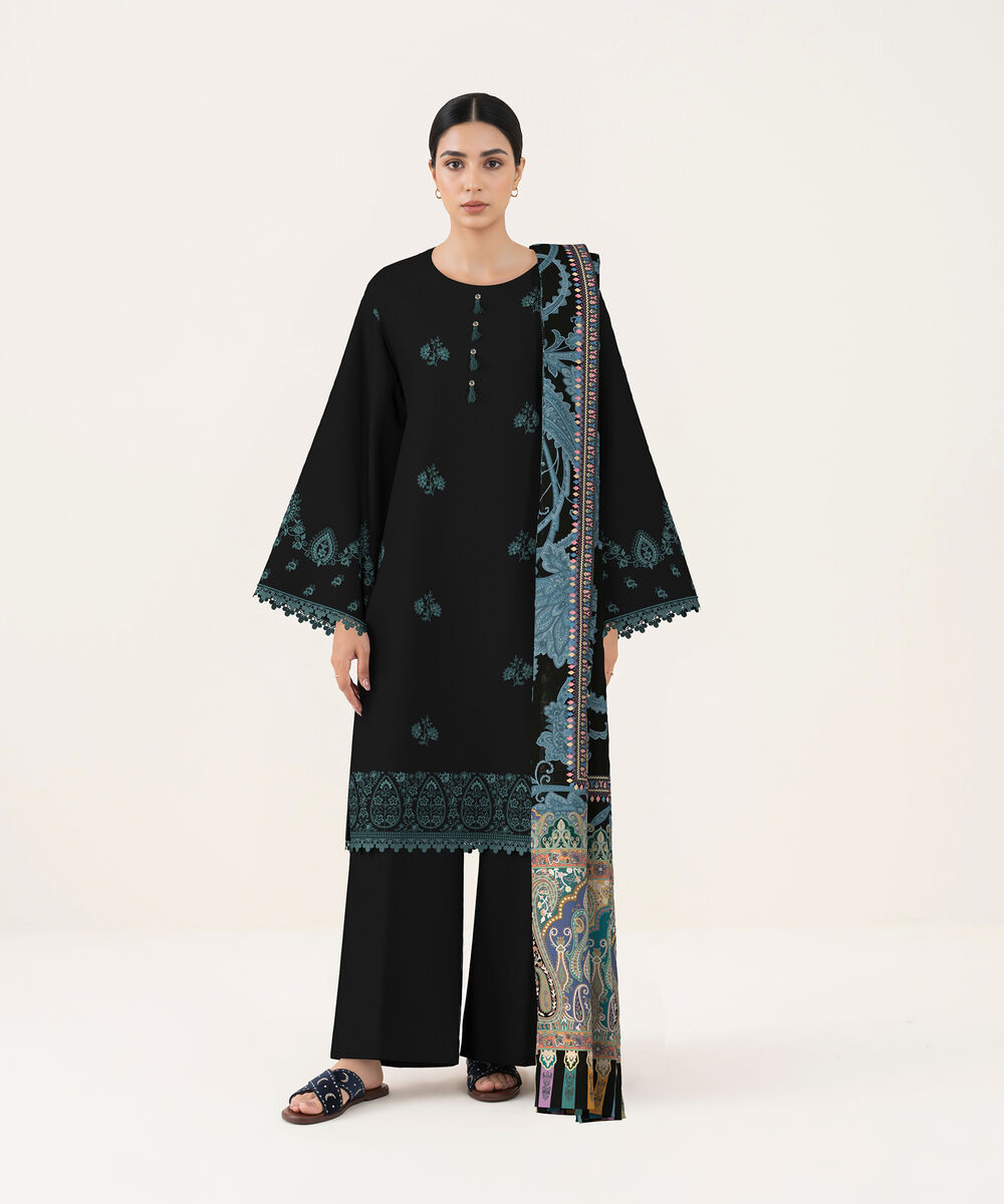 Women's Unstitched Lawn Black Embroidered 3 Piece Suit