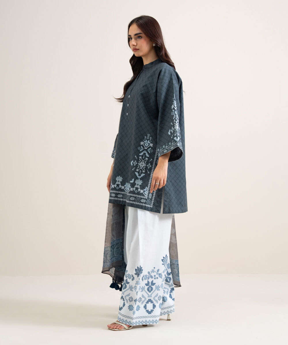 Women's Unstitched Cotton Printed Dark Blue  3 Piece Suit