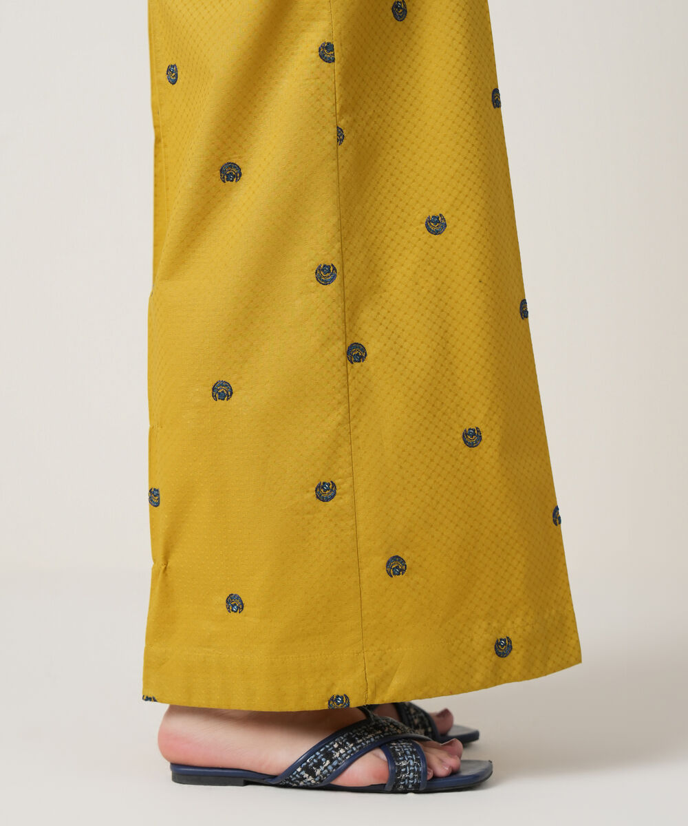 Women's RTW Textured Cotton Yellow Embroidered Trousers