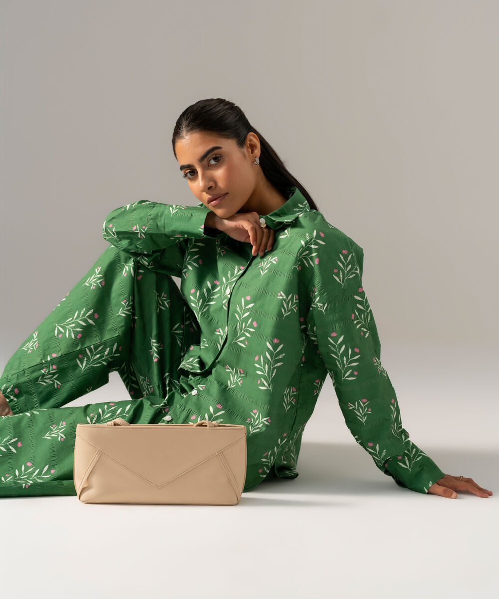 Women's RTW Seersucker Printed Green 2 Piece Suit