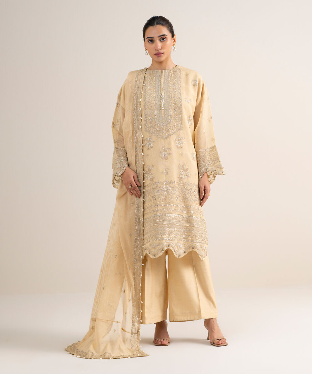 Women's Unstitched Khaddi Net Embroidered Beige