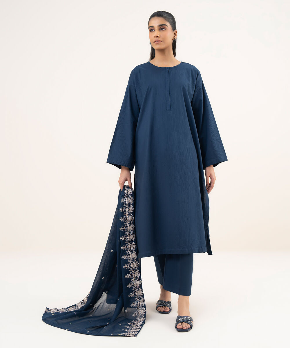 Women's RTW Seersucker Blue Solid A-Line Shirt