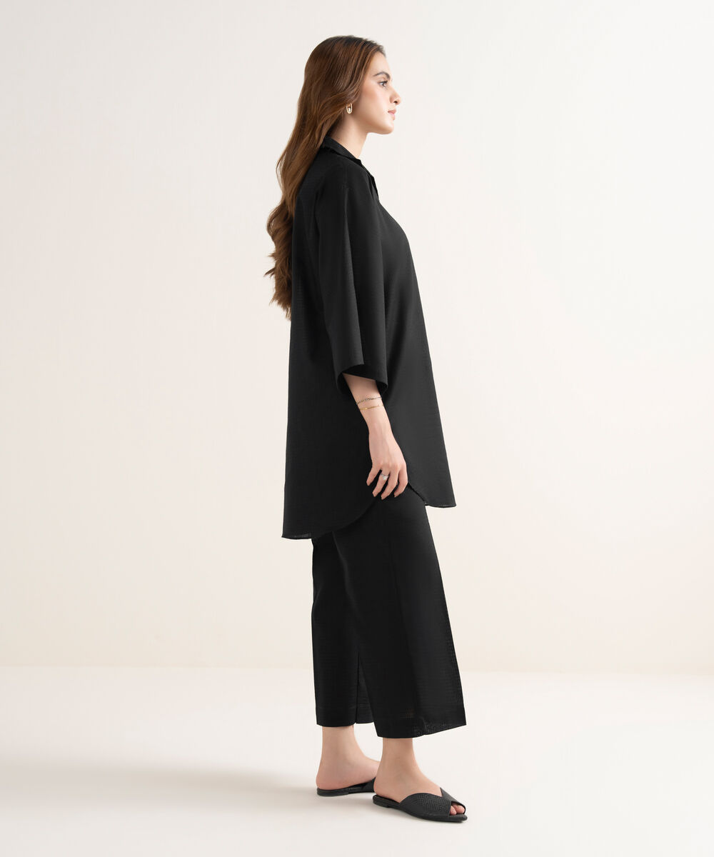 Women's RTW Textured Cotton Solid Boxy Black Shirt