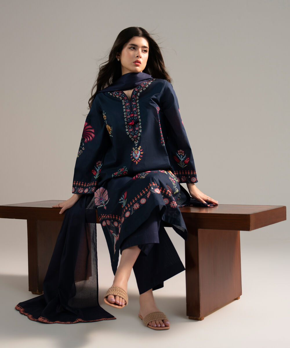 Women's RTW Lawn Printed Dark Blue 3 Piece Suit