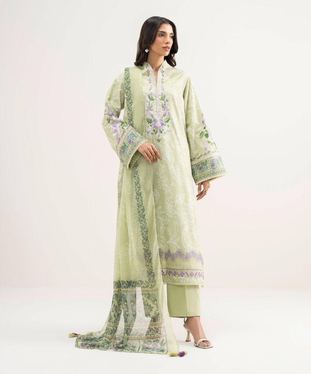 Women's Unstitched Lawn Embroidered Green 3 Piece Suit